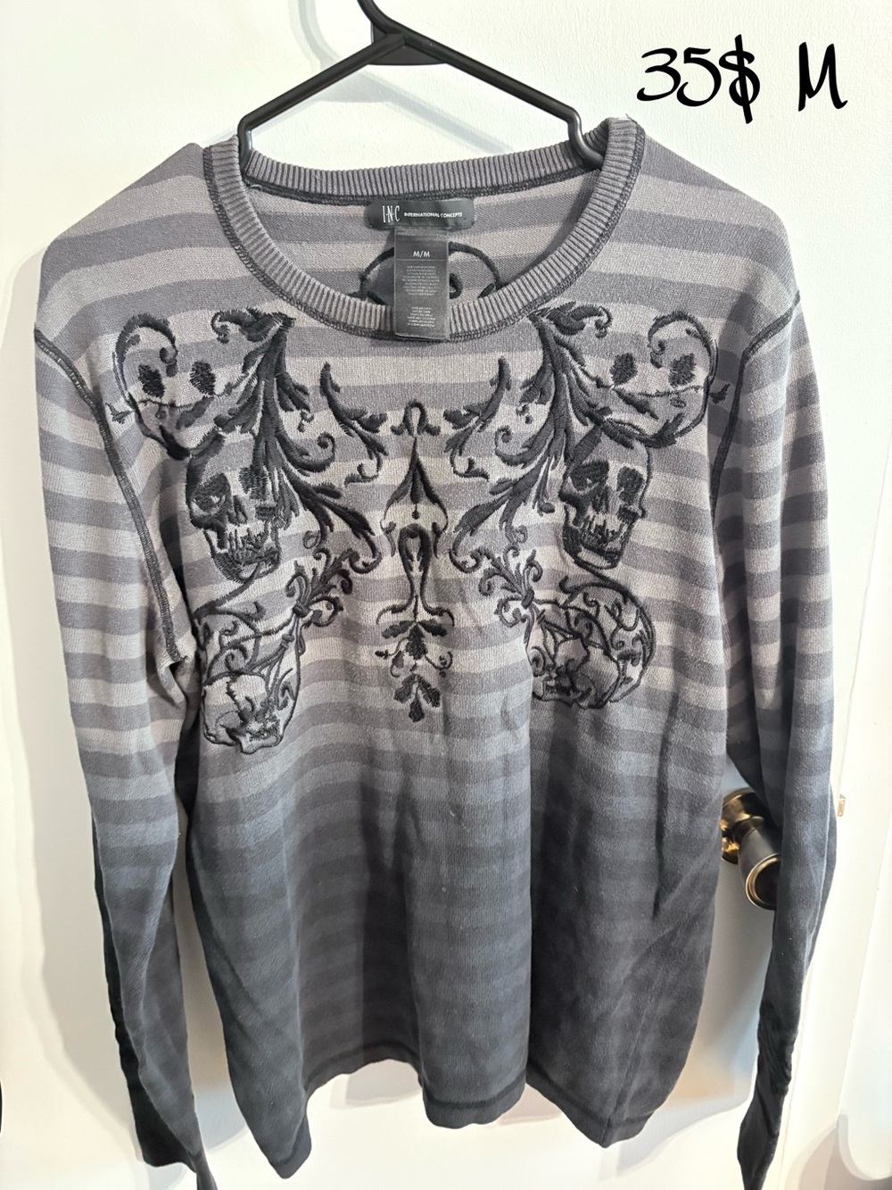 INC International Concepts Gray Ombre Stripe Skull Motif Sweater